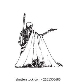 black and white design, the skeleton wears a cloak and carries a cane. can be used for any purpose.