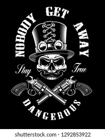 Black and white design with a skull and guns, in steampunk theme on the dark background.