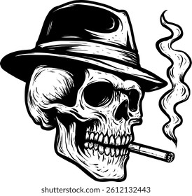 Black and white design of a skull wearing a hat smoking cool, suitable for clothing design.