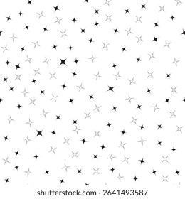 A Black and White Design of Black Stars Floating on a White Background creating a seamless pattern print