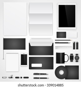 Black and white  design template of corporate identity  with big set of business stationery. Vector illustration