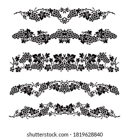 Black and white design of the text - borders, dividers. Pattern with grape vine. Vector set of 5.	