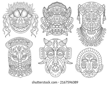 BLack and white design vector collection of ethnic african and asian masks, doodle hand drawn line art illustrations 