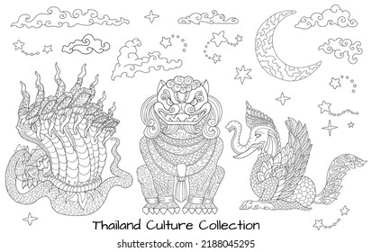 Black And White Design Vector Collection Of Ethnic Thailand Demons And Creatures, Doodle Hand Drawn Line Art Illustrations, Asian Mythology And Culture Concept