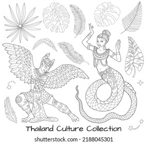 Black And White Design Vector Collection Of Ethnic Thailand Demons And Creatures, Doodle Hand Drawn Line Art Illustrations, Asian Mythology And Culture Concept