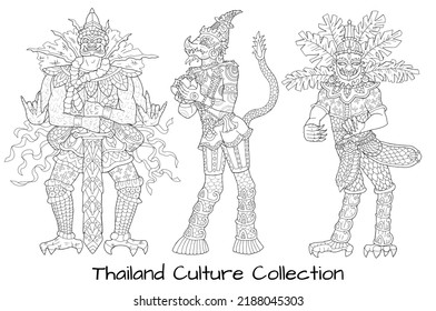 Black And White Design Vector Collection Of Ethnic Thailand Demons And Creatures, Doodle Hand Drawn Line Art Illustrations, Asian Mythology And Culture Concept