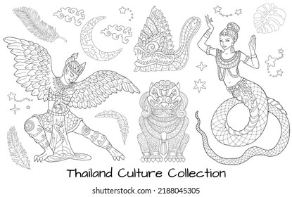 Black And White Design Vector Collection Of Ethnic Thailand Demons And Creatures, Doodle Hand Drawn Line Art Illustrations, Asian Mythology And Culture Concept