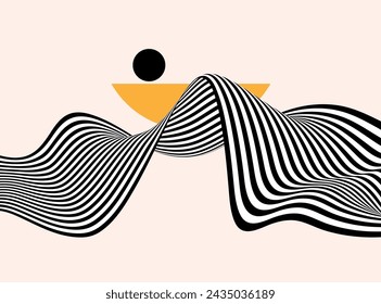 Black and white design. Wave with optical illusion. Abstract geometric background.