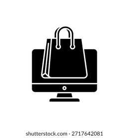 Schwarz-weißer Desktop-Computer mit Einkaufstaschen-Symbol für Online-Shopping-Konzept