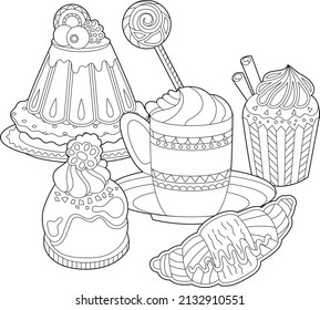 Black and white dessert. Cakes, sweets and cup with coffee isolated on white background. Different pastry for coloring book and food design.