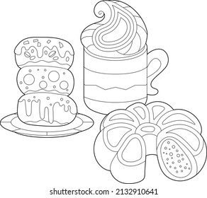 El postre es blanco y negro. Pasteles, dulces y taza con café aislado sobre fondo blanco. Diferentes pasteles para colorear libros y diseño de alimentos.