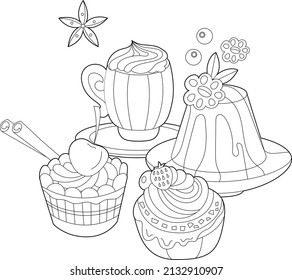 Black and white dessert. Cakes, sweets and cup with coffee isolated on white background. Different pastry for coloring book and food design.