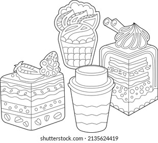 Black and white dessert. Cakes, sweets and cup with coffee isolated on white background. Different pastry for coloring book and food design.