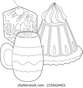 Black and white dessert. Cakes, sweets and cup with coffee isolated on white background. Different pastry for coloring book and food design.
