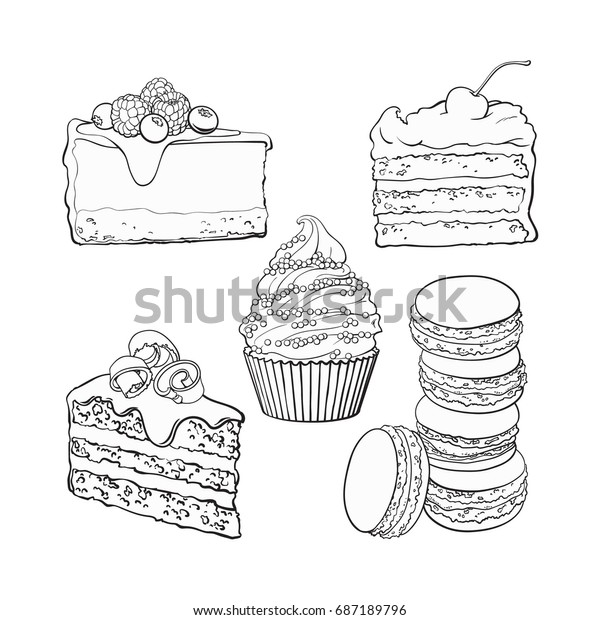 白黒のデザートコレクション カップケーキ チョコレート バニラケーキ チーズケーキ マカロン スケッチベクターイラスト を背景に収めます 手描きの甘いデザート のベクター画像素材 ロイヤリティフリー