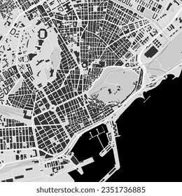 Black and white detailed Alacant map with buildings