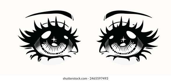 Black and white detailed big shiny eyes of female anime character. Vector illustration in the style of Japanese manga comic book.