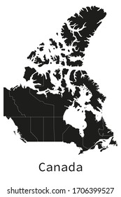Mapa detallado en blanco y negro de Canadá con regiones delineadas como vectores