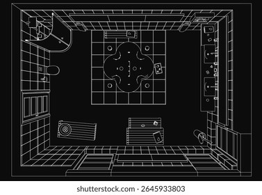 A black and white detailed drawing of a bathroom featuring a sink, toilet, and shower with tiled walls and a patterned rug. The composition includes a toilet seat, faucet, and shower head