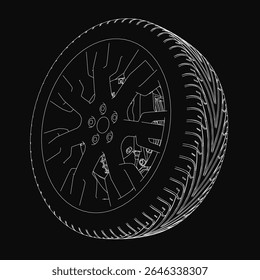 Um desenho detalhado preto e branco de um pneu de carro com um padrão de piso proeminente, colocado contra um fundo preto sólido. A textura e as ranhuras da roda são bem definidas, criando um efeito impressionante.