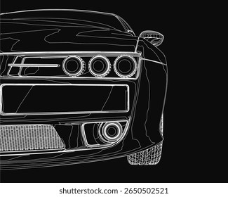 A black and white detailed drawing of a car with clearly defined headlights, grille, and wheels. The stark black background enhances the contrast, making the vehicle stand out prominently.