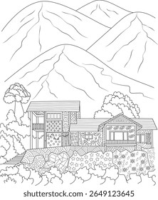 Desenho detalhado preto e branco para colorir, apresentando uma casa acolhedora com padrões ornamentados contra um pano de fundo montanhoso sereno.