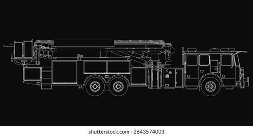 Black and white detailed drawing of a fire truck on a dark background, featuring the engine, extended ladder, and other essential components. The illustration highlights the truck's structure