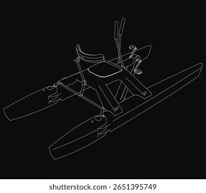 Um desenho detalhado preto e branco de um caiaque sobre um fundo escuro, com a pá, assento e design elegante. O estilo minimalista destaca a estrutura semelhante a um catamarã.