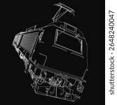A black and white detailed drawing of a locomotive train on a dark background, featuring intricate tracks, wheels, and engine components. The monochrome style highlights the mechanical precision