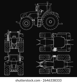 A black and white detailed drawing of a tractor with large wheels, a sturdy cab, and visible mechanical features, set against a dark background. The illustration highlights precision and vintage.