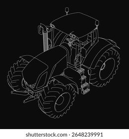 A black and white detailed drawing of a tractor with large wheels and a prominent cab, set against a solid black background for stark contrast. The illustration highlights the mechanical features