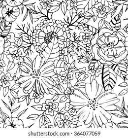 Black and white detailed floral seamless pattern