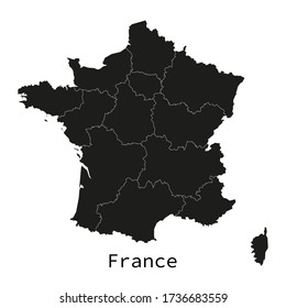 Black and white detailed France map with regions outlined vector