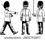 Black and white detailed hand-drawn line art illustration of a marching British royal guard soldier