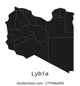 Mapa detallado de Libia en blanco y negro con las regiones delineadas como vector