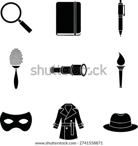 Black and white of detective tools and including a magnifying glass, notebook, pen, fingerprint