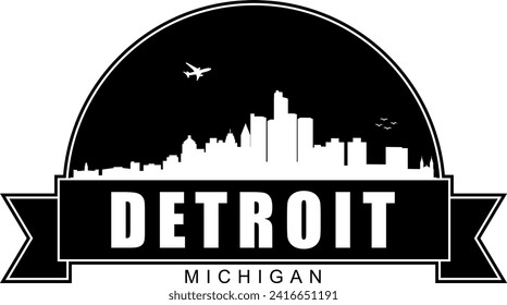 Black and white Detroit Michigan buildings skyline negative air space silhouette dome shaped emblem with scroll banner below and name text inside. Vector eps graphic design.