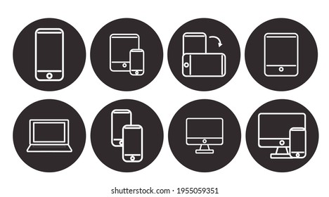 Juego de iconos de dispositivos blancos y negros. Ilustración aislada de vectores