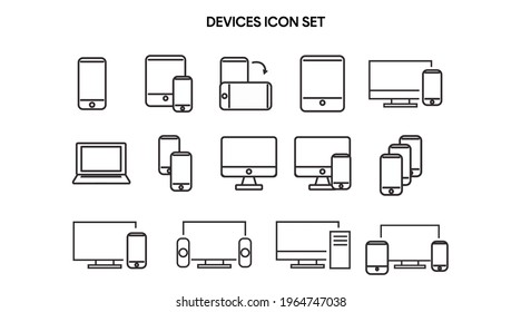 Juego de iconos de dispositivos blancos y negros. Ilustración aislada de vectores