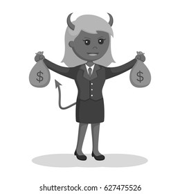 black and white devil businesswoman with sacks of money black and white style