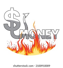 Black and white devil dollar sign with Handcuffs in fire on background, vector illustration cartoon