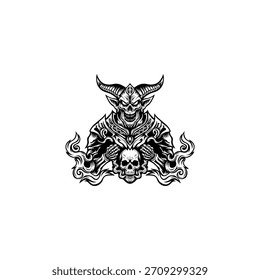 Ilustración de logo de diablo en blanco y negro