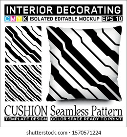 Black and white diagonal basin stripes. Seamless pattern and cushion mockup. Isolated and editable. CMYK color space ready to print. This pattern can also used for other.