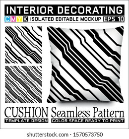 Black and white diagonal basin stripes. Seamless pattern and cushion mockup. Isolated and editable. CMYK color space ready to print. This pattern can also used for other.