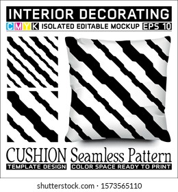 Black and white diagonal basin stripes. Seamless pattern and cushion mockup. Isolated and editable. CMYK color space ready to print. This pattern can also used for other.