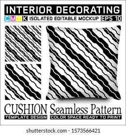 Black and white diagonal basin stripes. Seamless pattern and cushion mockup. Isolated and editable. CMYK color space ready to print. This pattern can also used for other.