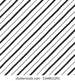 Black and white diagonal hand drawn uneven stripes, streaks seamless repeat background, pattern. Tilted doodle style lines, inclined pinstripes, bars of different width template. Striped texture.