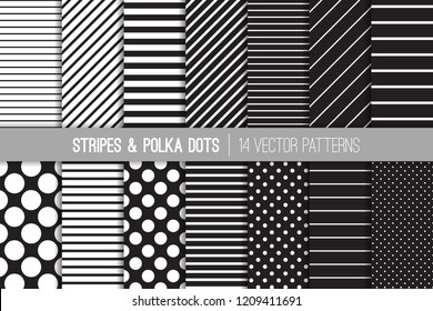 
Black and White Diagonal and Horizontal Stripes and Polka Dots Vector Patterns. Set of Modern Minimal Backgrounds. Variable Size Dots & Lines. Repeating Pattern Tile Swatches Included.