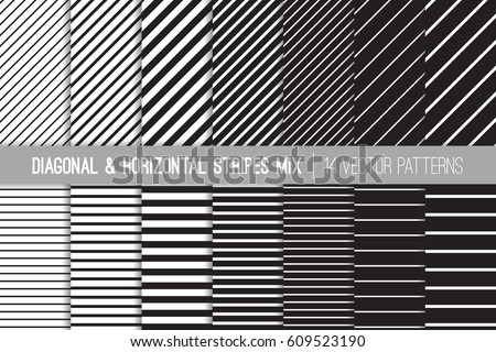 Black and White Diagonal and Horizontal Stripes Vector Patterns. Modern Striped Backgrounds. Set of Pin Stripes and Candy Stripes. Variable Thickness Lines. Pattern Tile Swatches Included.