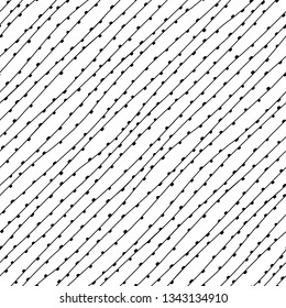 Black and white diagonal lines with dots, stylized threads with buds seamless pattern, vector